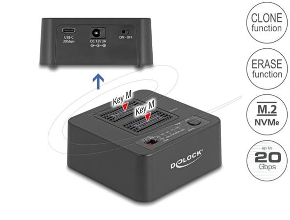 Delock USB 20 Gbps Dokovací stanice M.2 pro 2 x SSD M.2 NVMe PCIe s funkcemi klonování a mazání