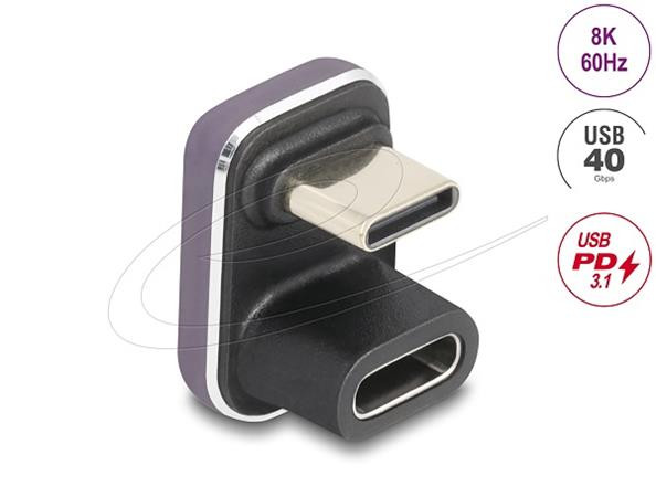Delock USB-C adaptér 180° úhel 40 Gb/s PD 3.1 240 W samec na samici ve tvaru U 8K 60 Hz kovový
