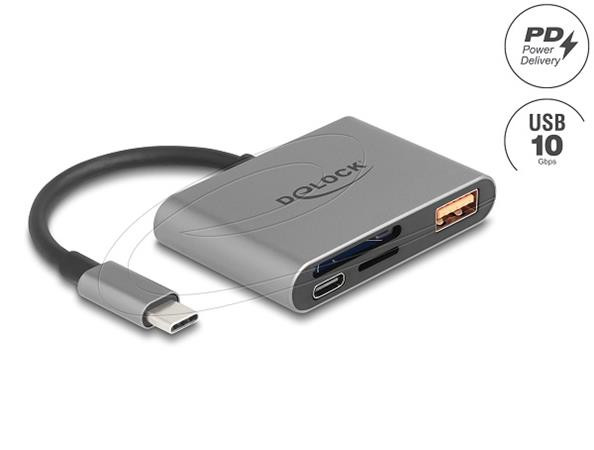 Delock Čtečka karet USB-C pro paměťové karty SD a Micro SD + port USB 10 Gb/s typu A a USB typu C PD 2.0 85 W