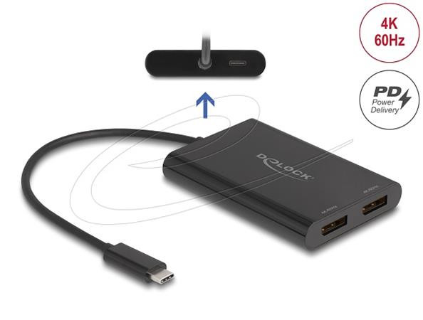 Delock Adaptér USB Type-C na 2 x DisplayPort 4K 60 Hz s grafikou DisplayLink a USB PD