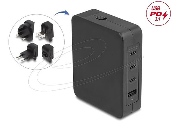 Delock USB GaN nabíječka 3 x USB Type-C PD 3.1 a 1 x USB Type-A s 145 W včetně napájecího adaptéru pro EU / USA / UK
