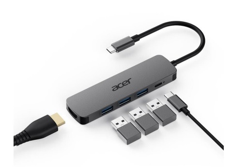 Acer 5IN1 Type- C dongle, 1x HDMI (až 3840x2160@60hz), 3x USB 3.0 5Gbps ports, 1x Type-C up to 100W PD port (host)