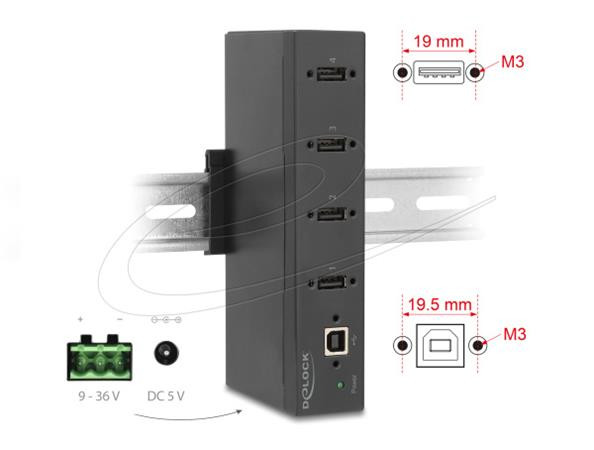 Delock Průmyslový rozbočovač ze 4 x USB 2.0 Typ-A s ochranou proti elektrostatickému výboji (ESD) až 15 kV,DIN