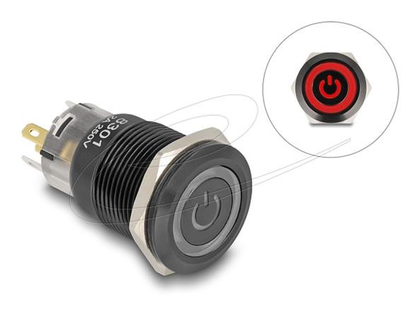 Delock Push Switch pro instalaci černý 19 mm 12 V 5 x pájené připojení LED červený symbol napájení + kroužek