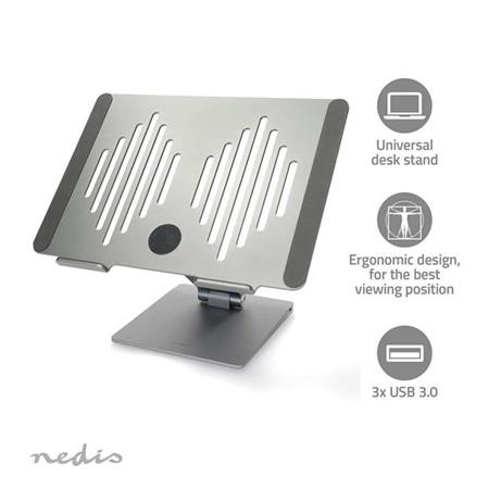 Nedis NBSTND500SI - Stojan na Notebook| Napájení z USB | SD a micro SD, 1xUSB-C a 3x USB3.0 | 17 " | Skládací