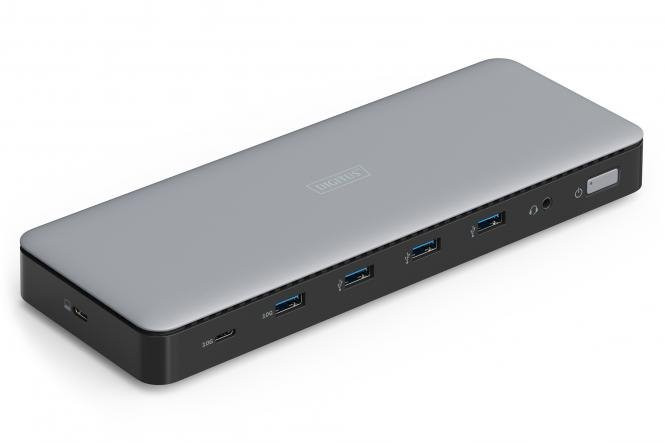 Digitus USB-C dokovací stanice, 13 portů: 3× HDMI, 2× DisplayPort, 4× USB-A, 1× USB-C, 1× RJ45, 1× DC, 1× audio
