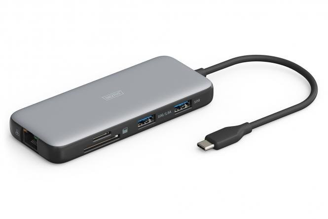 Digitus USB-C dokovací stanice, 8 portů: 2× HDMI, 3× USB 3.0, 1× RJ45, 1× SD, 1× MicroSD, 1× USB-C PD
