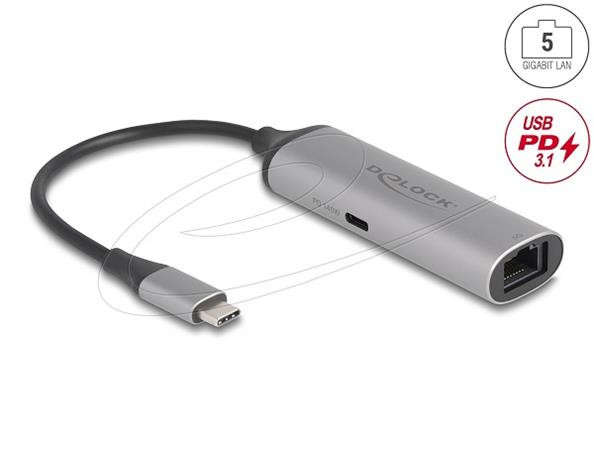 Delock Síťový adaptér USB Type-C™, 5 Gigabit LAN, 1 x RJ45 s Power Delivery, PD 3.1, 140 W