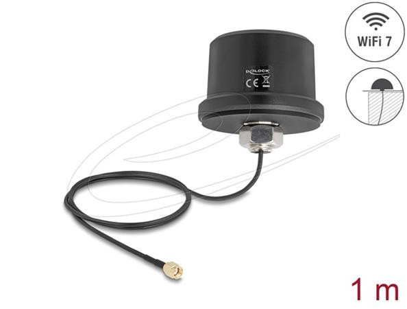 Delock WiFi 7 Anténa RP-SMA samec 3,1 - 3,5 dBi všesměrová, připojovací kabel ULA100 1 m střešní montáž venkovní černá