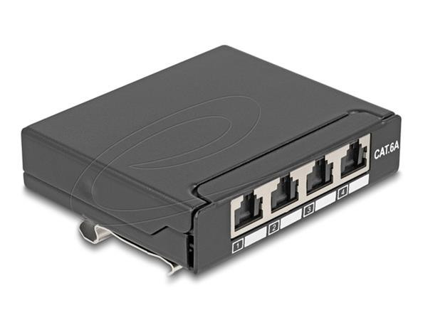 Delock Mini Desktop Patch Panel RJ45 jack 4 porty Cat.6A stíněný černý - pro montáž na stůl, zeď nebo DIN lištu