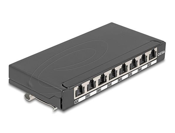 Delock Mini Desktop Patch Panel RJ45 jack 8 porty Cat.6A stíněný černý - pro montáž na stůl, zeď nebo DIN lištu