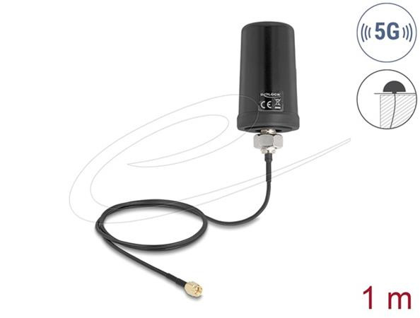 Delock 5G LTE GNSS WiFi 6 Anténa SMA samec 1,1 - 4,0 dBi všesměrová, připoj. kabel ULA100 1 m střešní montáž venkovní