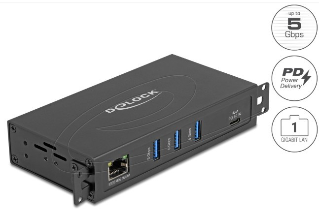 Delock 3 portový USB 5 Gbps Hub + port RJ45 Gigabit LAN s podporou PoE++ a s konektorem USB Type-C™, v kovovém pouzdře