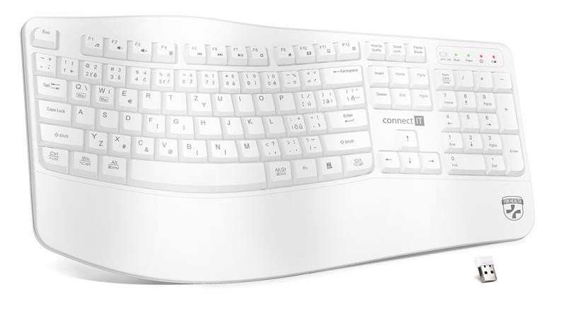 CONNECT IT FOR HEALTH Ergonomická klávesnice, bezdrátová, USB 2.4GHz, CZ + SK verze, BÍLÁ
