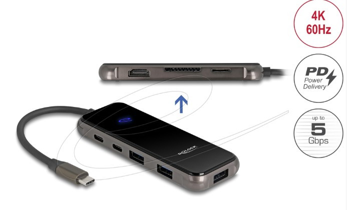Delock Dokovací stanice USB Type-C™ 4K – HDMI / USB Hub / SD - Micro SD slot / PD 3.0 85 W s povrchem z tvrzeného skla