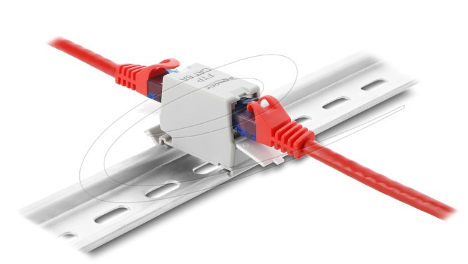 Delock Spojka RJ45 Cat.6A ze zásuvky na zásuvku s krytkou proti prachu k montáži na lištu dle DIN, stíněná, šedá / bílá