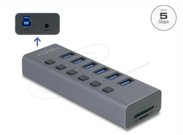Delock Externí 6 portový rozbočovač USB 5 Gbps s přepínačem a se slotem SD / Micro SD