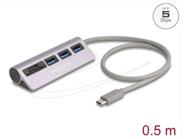 Delock 3 portový rozbočovač USB 5 Gbps včetně čtečky karet SD a Micro SD s konektorem rozhraní USB Type-C™