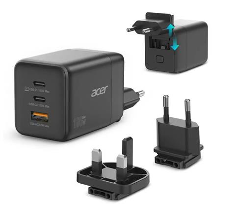 Acer 100W GaN charger - Black; 3 nabíjecí porty: 2x USB-C + 1x USB-A; rychlé nabíjení (PD3.0, PPS, Quick Charge) EU+UK;obal,černý
