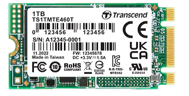 TRANSCEND MTE460T-VS1 512GB Industrial M.2 2242, PCIe Gen3x2, NVMe, 3D TLC BiCS5, DRAM-less, PE: 3K, extended temp
