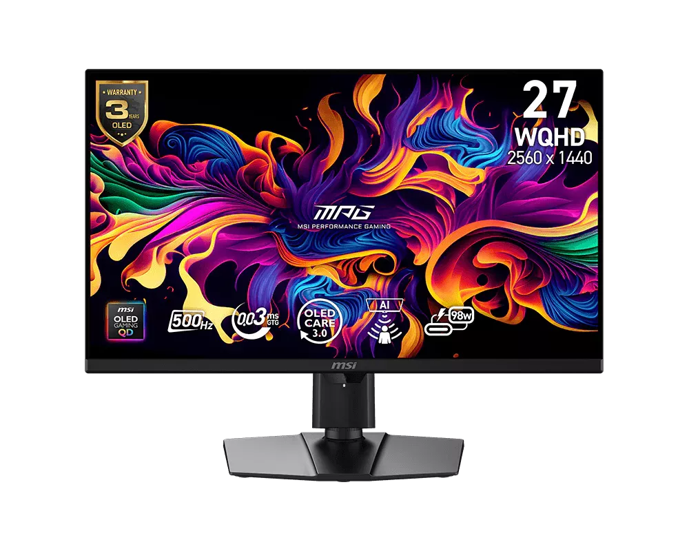 MSI MPG 271QR QD-OLED X50, 26,5" QD-OLED/2560x1440 (WQHD)/500Hz/0,03ms/2x HDMI/DP/USB-A,B,C/Výšk. nastavitelný/Pivot/černá