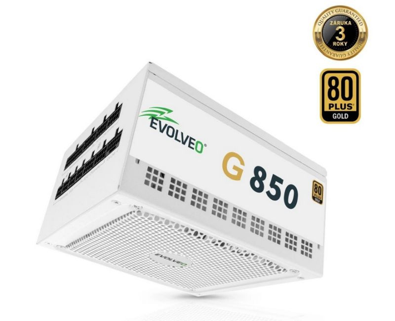 EVOLVEO G850 zdroj 850W, 80+ GOLD, ATX 3.1, aPFC, 140 mm ventilátor, záruka 3 roky, bílý 