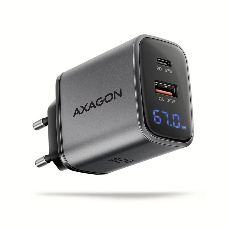 AXAGON ACU-PQ67D GaN nabíječka do sítě 67W, USB-A + USB-C, PD3.0/PPS/QC4+/SFC2.0/Apple, LCD display