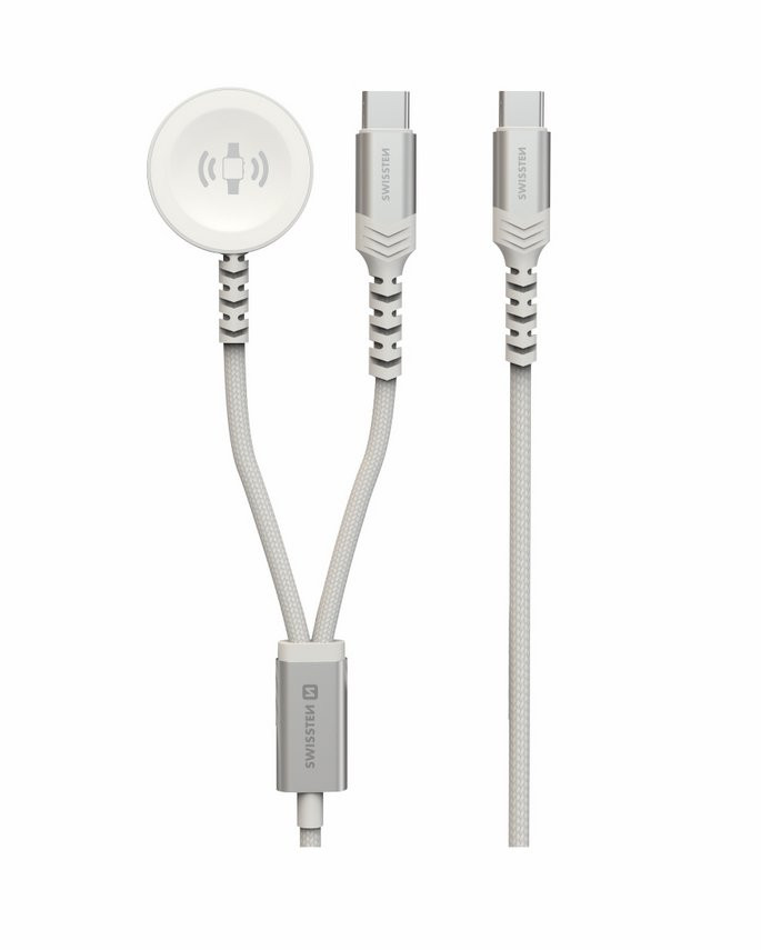 SWISSTEN OPLETENÝ MAGNETICKÝ KABEL 2v1 PRO APPLE WATCH A USB-C, USB-C 1.2 M BÍLÝ