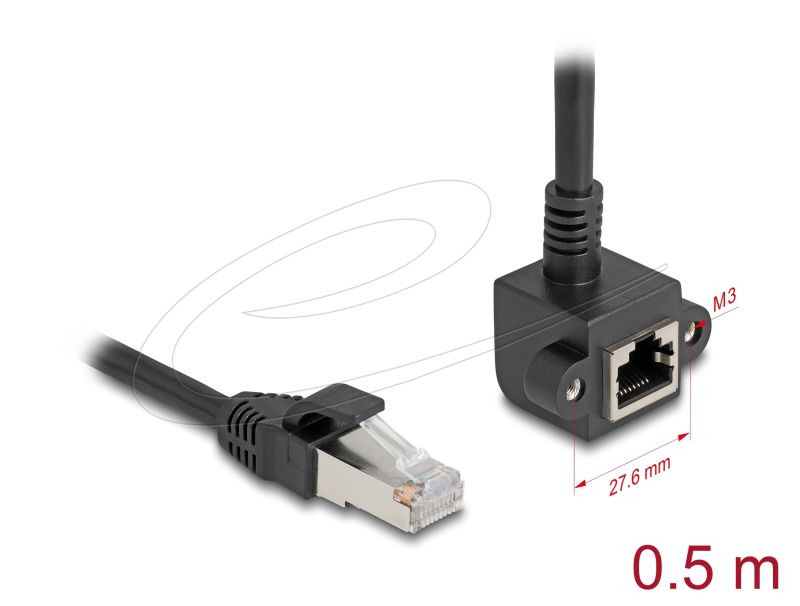 Delock Síťový prodlužovací kabel ze zástrčky RJ45 na zásuvku RJ45, úhlový, 90°, Cat.6, F/UTP, 0,5 m, černý