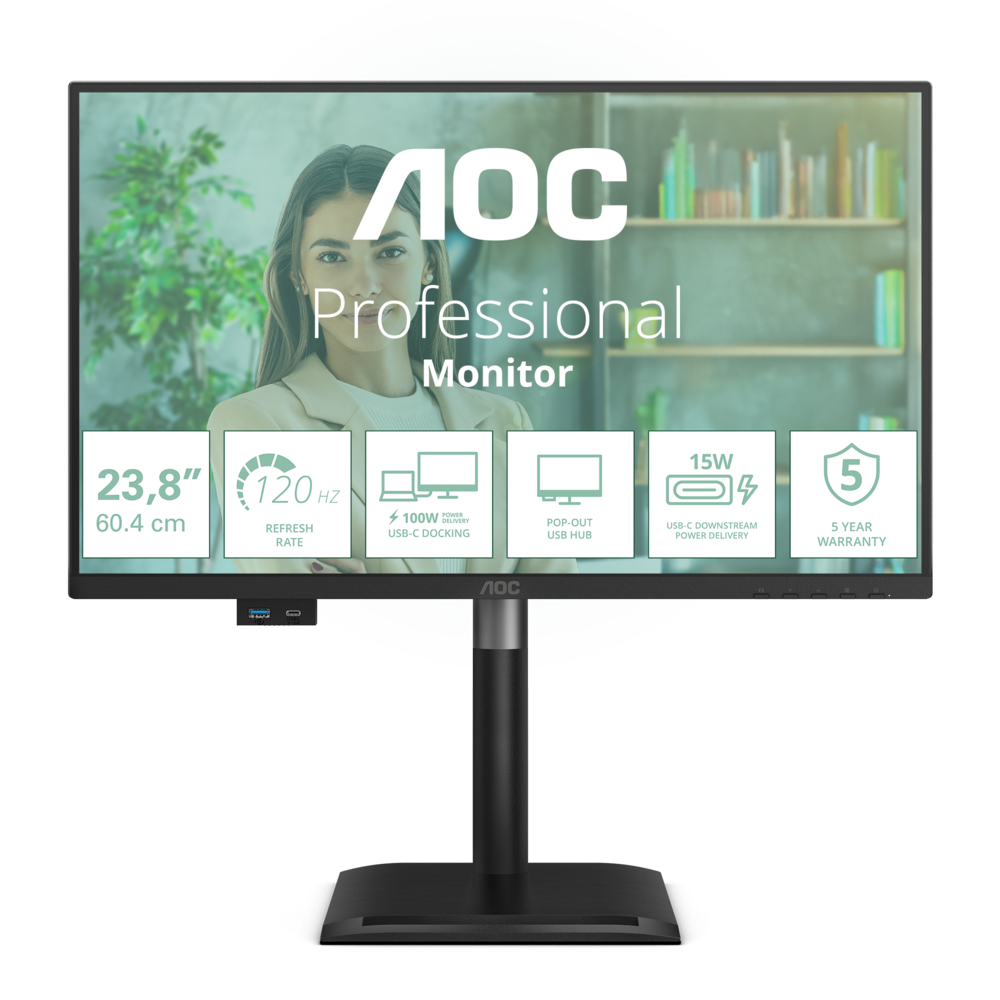 AOC LCD 24P4CV 23,8" IPS/1920x1080@120Hz/4ms/300cd/HDMI/DP/4xUSB/USB-C dock/RJ45/Repro/Pivot/HAS/5 let