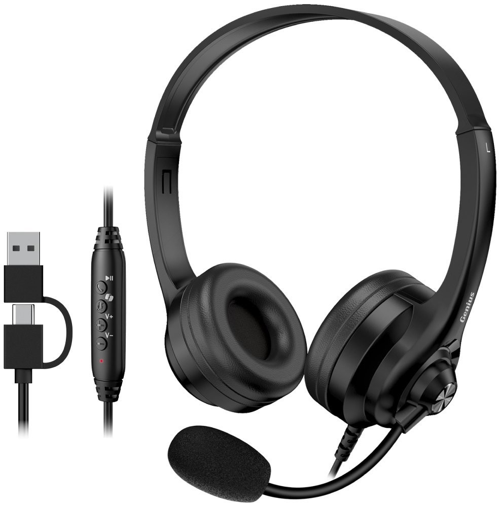Genius HS-235U AI, Headset, drátový, náhlavní, mikrofon, Copilot, ovládání hlasitosti, kabel 2,4m, USB-C, USB, černý