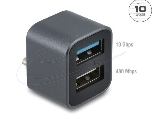 Delock Mini USB hub ze zástrčky USB Type-C™ na 1 x USB 10 Gbps Typ-A + 1 x USB 2.0 Typ-A