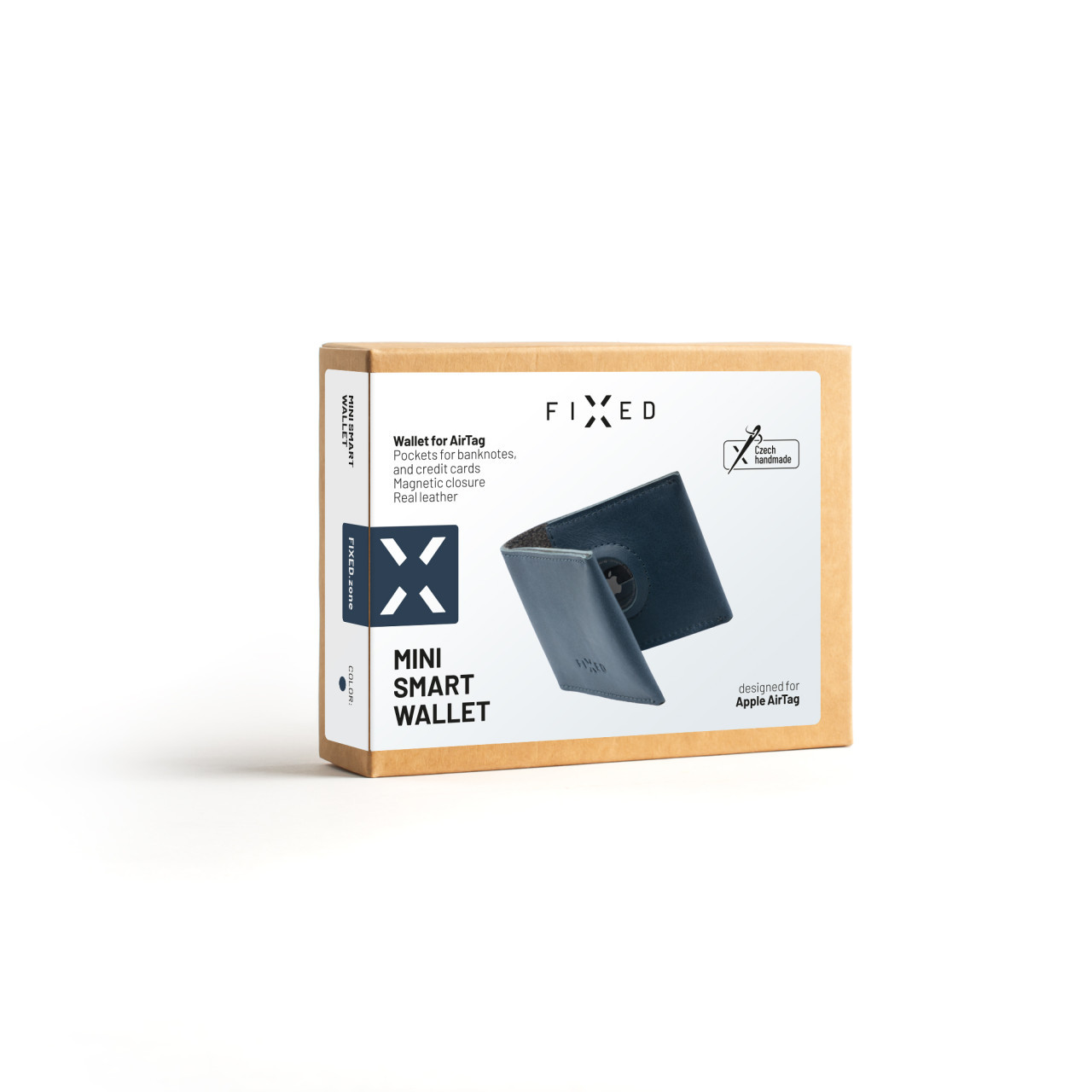 Kožená peněženka FIXED Wallet for AirTag z pravé hovězí kůže, modrá
