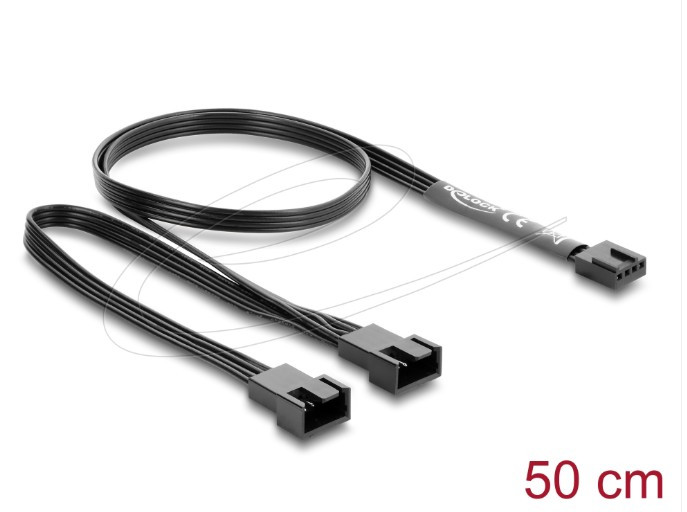 Delock Kabel ventilátoru z 1 čtyřpinové zásuvky PWM na 2 x 4 pinové zástrčky PWM, černý – délka 50 cm, s větví 20 cm