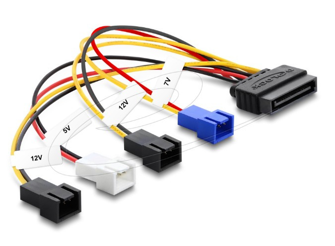 Delock Napájecí kabel SATA 15 pin samec na 4 x 2 pin ventilátor (12 V / 7 V / 5 V) 20 cm