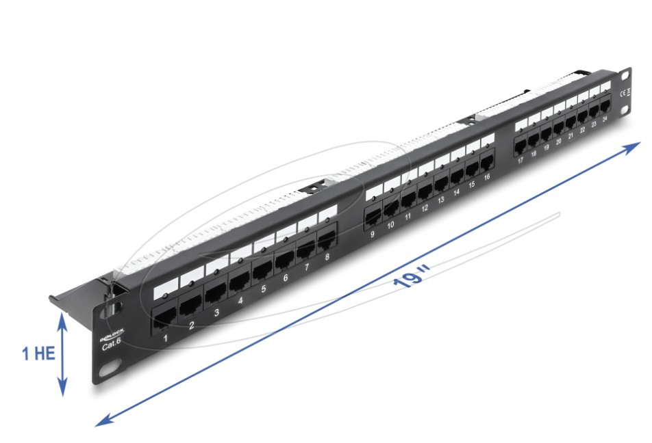 Delock Spojovací panel rozměru 19”, 1U, 24 portový, kat. 6 s LED a odlehčovací lištou, nestíněný, černý