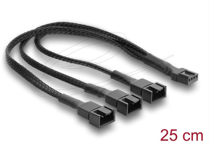 Delock Splitter kabelu ventilátoru, 1 x 4 piny, PWM, ze zásuvky na zástrčku + 2 x 4 pinovou zástrčku, s opleteným pláště