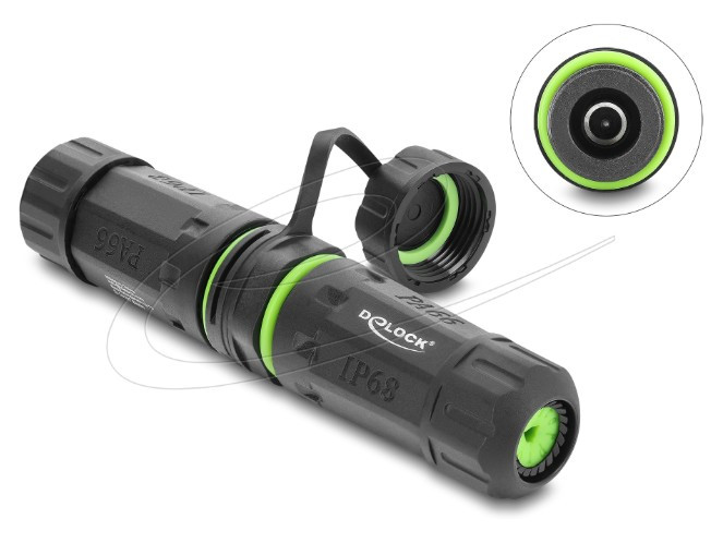 Delock Kabelový konektor ze zásuvky DC 5,5 x 2,1 mm na zásuvku DC 5,5 x 2,1 mm, se závitem M20 x 1,5 mm a ochrannou kryt