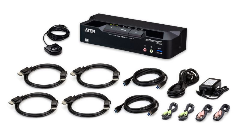 ATEN 2-port. přepínač USB 3.0 s podporou 8K a DisplayPort pro dva monitory s technologií KVMP™ (včetně kabelů)