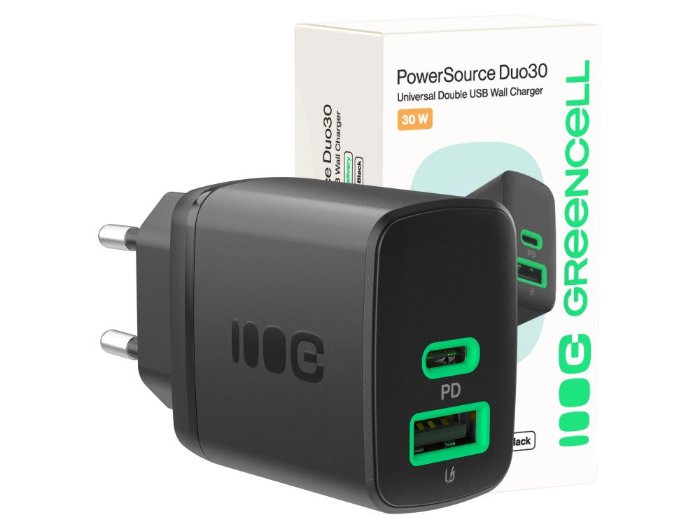 Green Cell PowerSource Duo30 Charger USB/USB-C Black Power Adapter 30W Power Delivery