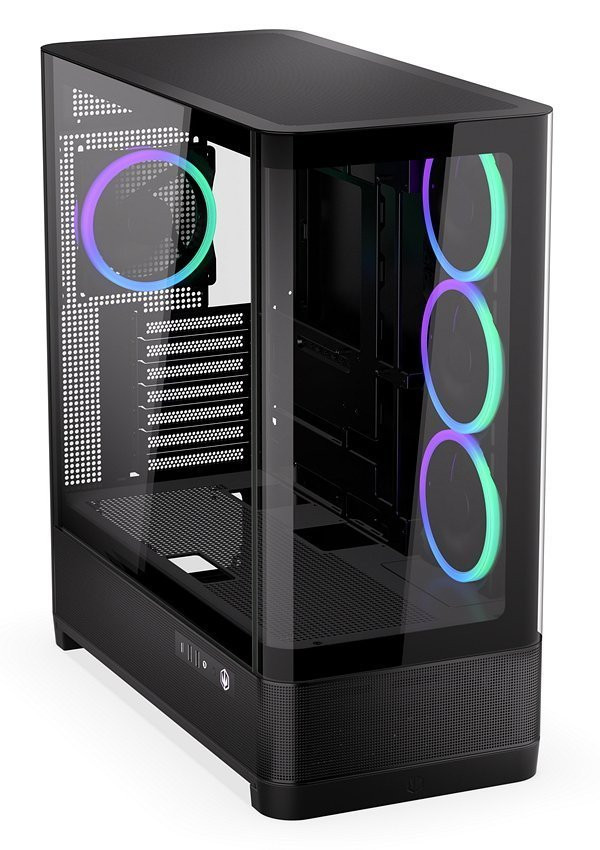 Endorfy Aquarius 8000 Corona,Skříň, E-ATX, 4× ARGB 120mm ventilátor, 2× USB 3.0, 1× USB-C, panoramatická, zaoblené sklo, černá