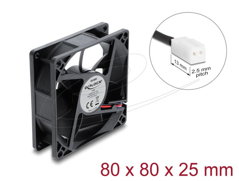 Delock Axiální ventilátor 48 V DC, 80 x 80 x 25 mm s 2-pinovým zásuvkovým konektorem ventilátoru, černý