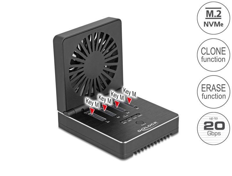 Delock Dokovací stanice USB 20 Gbps pro 4 x SSD M.2 NVMe PCIe s funkcí klonování a mazání