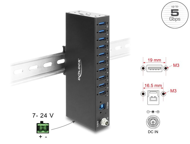 Delock Průmyslový rozbočovač ze 10 x USB 5 Gbps Typ-A s ochranou proti elektrostatickému výboji (ESD) až 8 kV a s montáž