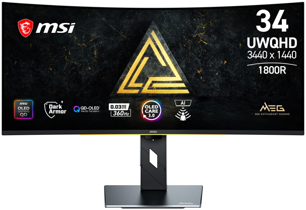 MSI MEG X/ 34,18"/ 3440x1440/ OLED/ 0,03ms/ 360Hz/ 300cd/m2/ 1,5M:1/ HDMI/ DP/ USB/ VESA/ černý