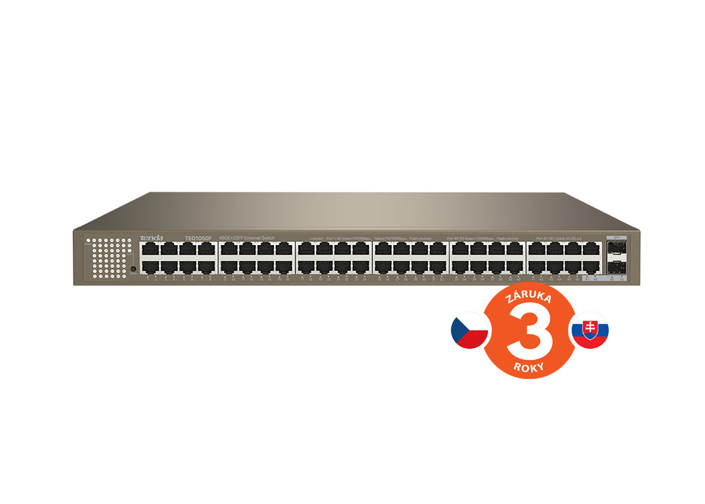 Tenda TEG1050F Gigabit switch s SFP, 48x RJ45 + 2x SFP, Fanless - bez ventilátorů, Rackmount, VLAN