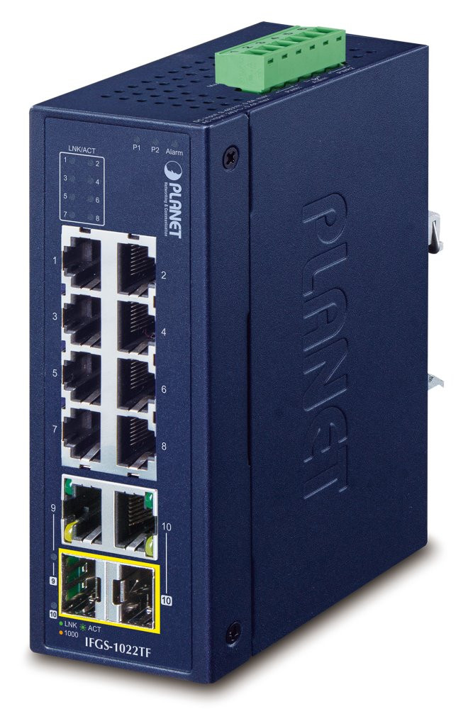 Planet IFGS-1022TF průmyslový switch, 8x100M + 2x1Gb/SFP, -40 až 75st.C, dual 9-48VDC, IP30, fanless