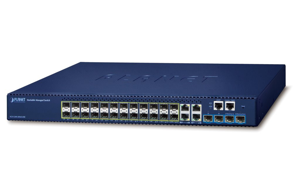Planet SGS-5240-20S4C4XR L3 switch, 4x1Gb, 20x1Gb SFP, 4x10Gb SFP+, HW/IP stack, 2x power-in