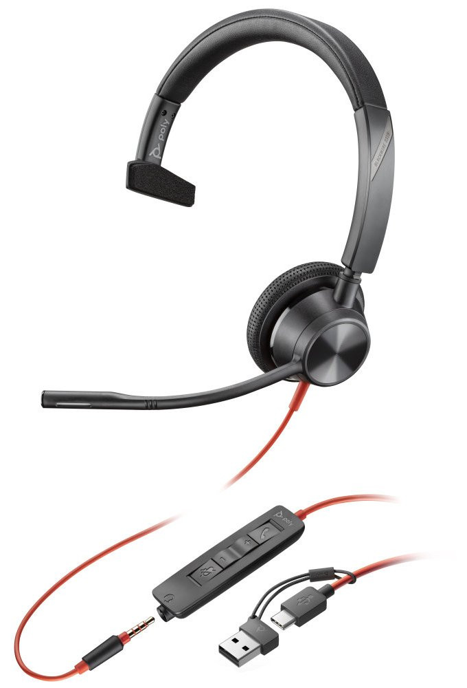 Poly Blackwire 3315 Monaural USB-C Headset +3.5mm Plug +USB-C/A Adapter
