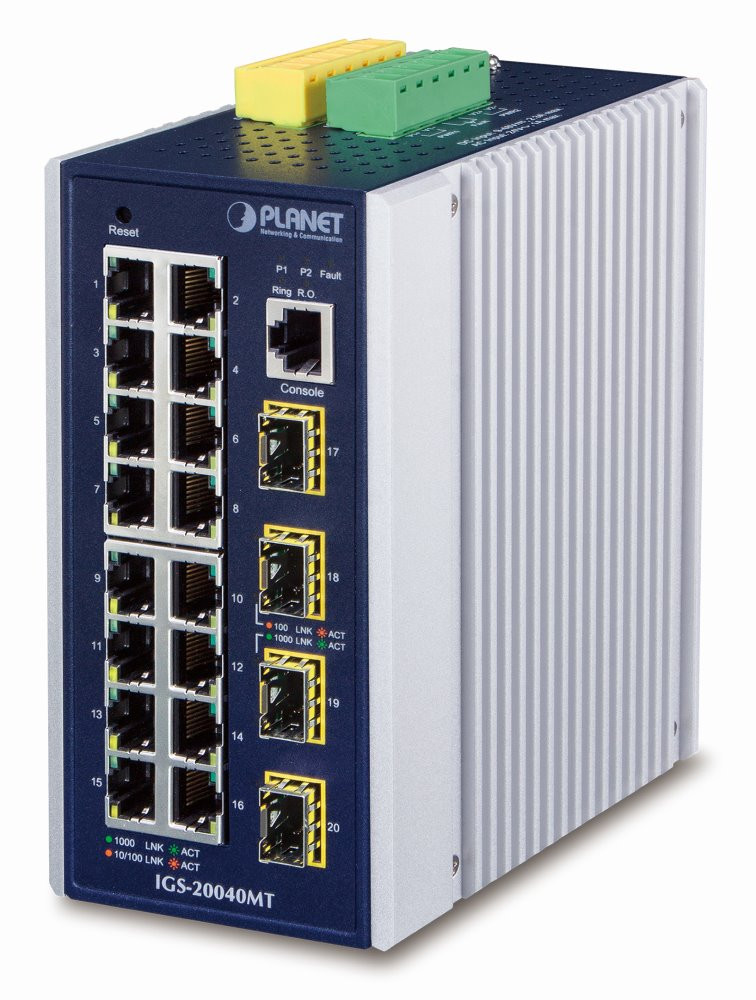 Planet IGS-20040MT L3 switch, 16x1Gb, 4x1Gb SFP, 9-48VDC, -40~75°C, IP30